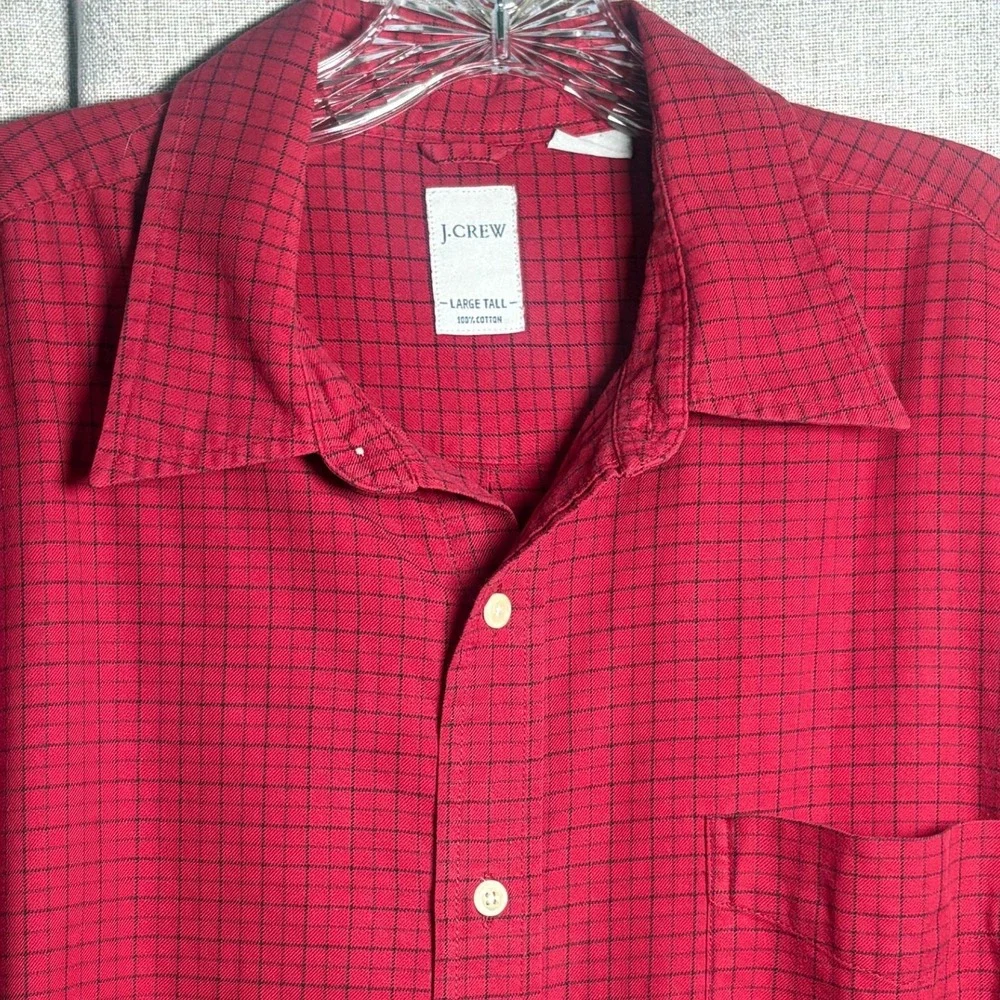 J. Crew Mens Large Tall Red Black Check Cotton Long Sleeve Button Down Shirt